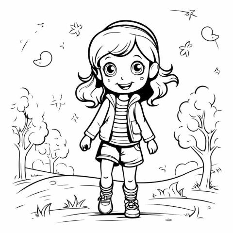 Little girl in the park. Black and white vector illustration for