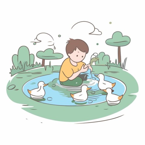 Little boy playing with ducks in the pond of a boy playing with