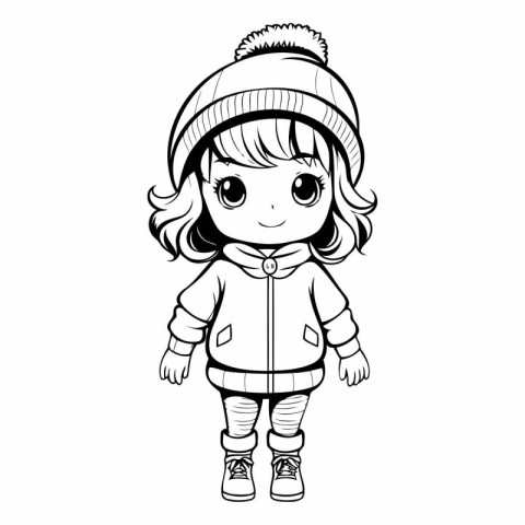 Cute little girl in warm winter clothes for coloring book.