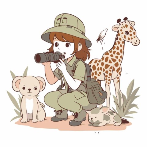 Illustration of a woman in safari outfit with her dog and giraff