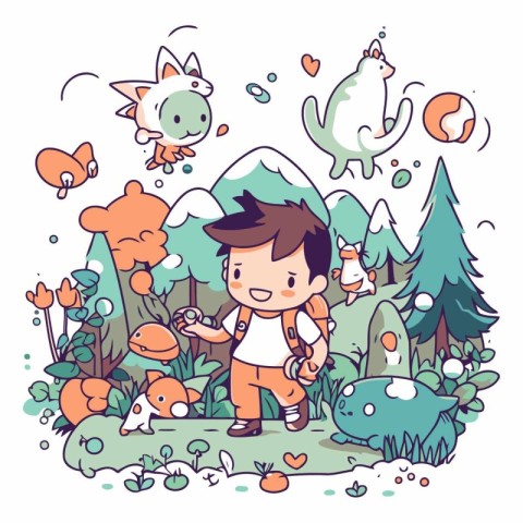 Cute little boy hiking in the forest in cartoon style.