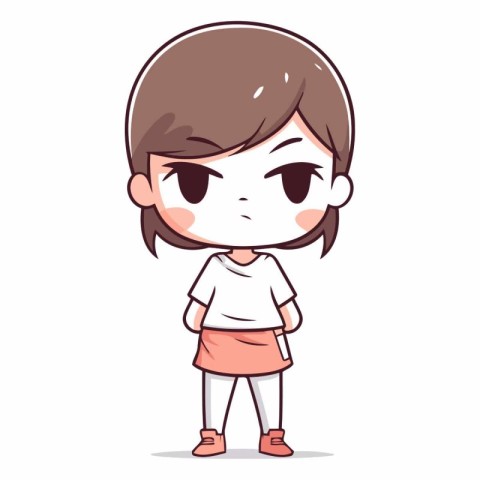 Cute little girl with sad expression in cartoon style.