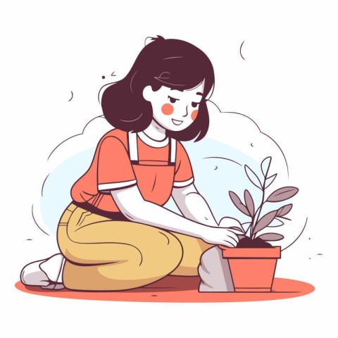 Girl planting a houseplant in a flat style.