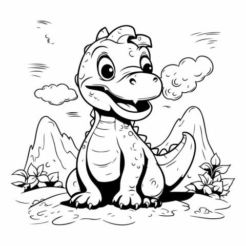 Cute Cartoon Dinosaur - Black and White Cartoon Illustration. Ve