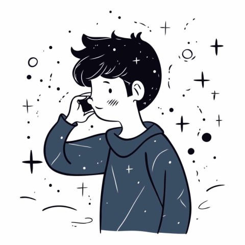 Boy talking on the phone in doodle style.