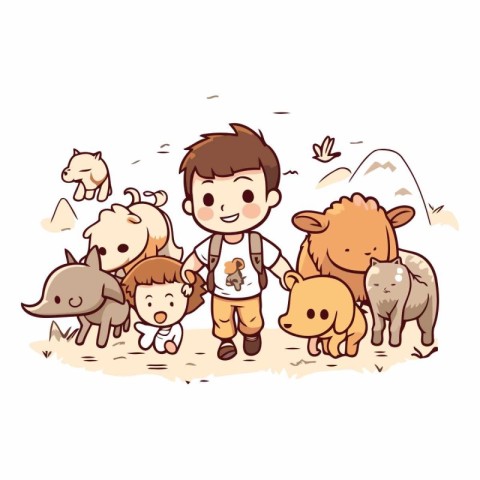 Illustration of a Cute Little Boy Walking with his Wild Animals