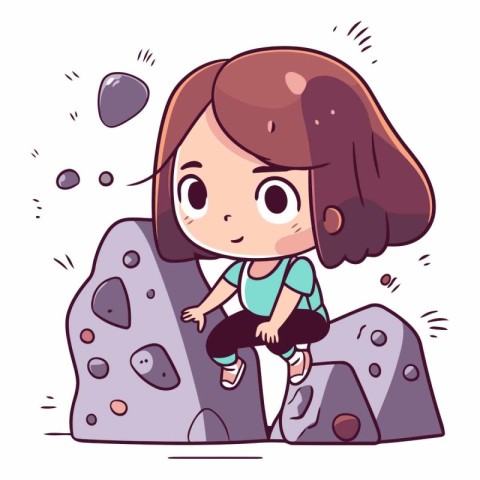 Little girl climbing on the rock. Cute cartoon vector illustrati