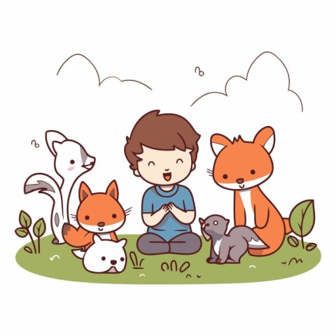 Cute little boy playing with foxes in the park.