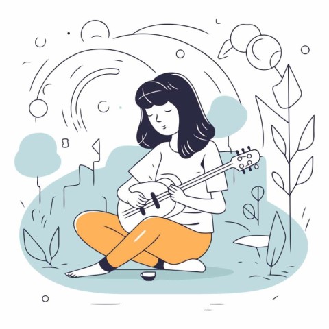 Girl playing the guitar in the park in sketch style.