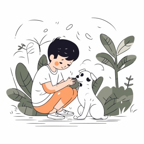 Vector illustration of a boy playing with his dog in the garden.