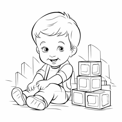 Cute little baby boy playing with blocks for coloring book.