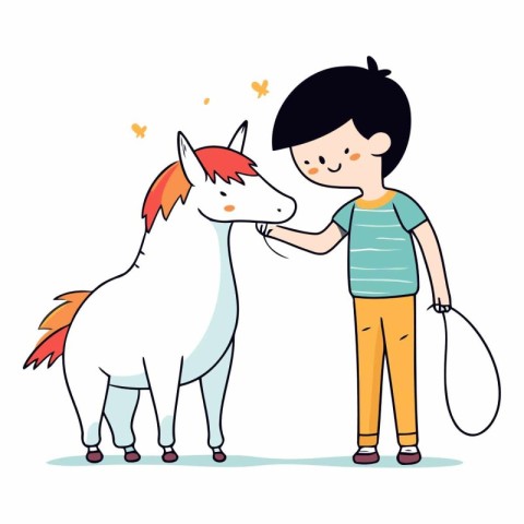 Cute little boy and white horse in cartoon style.