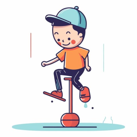 Boy playing hopscotch in cartoon style.