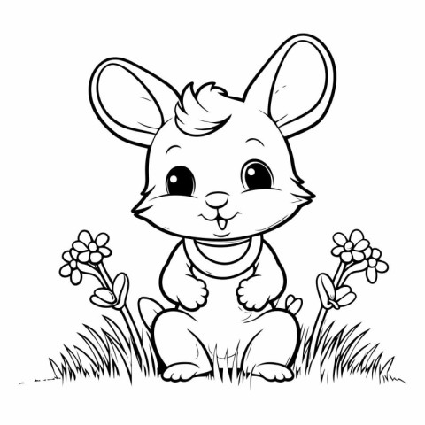 Cute little rabbit sitting in grass with flowers.