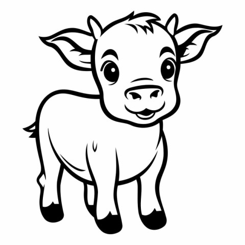 Cute Baby Cow - Black and White Cartoon Illustration. Vector