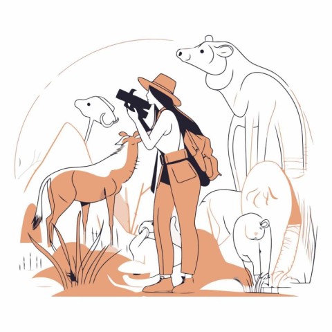 Cowgirl with a gun and camel in sketch style