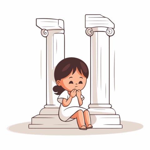 Sad little girl sitting in front of ancient columns.