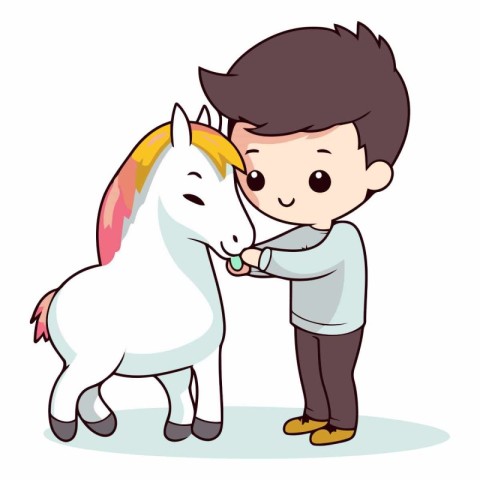 Cute little boy playing with a white horse.