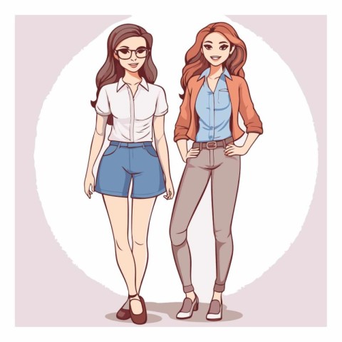 Beautiful young women in fashion clothes in cartoon style.