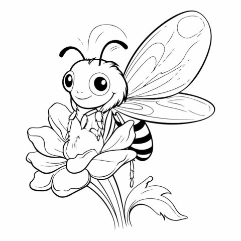 Cute cartoon bee and flower for coloring book.