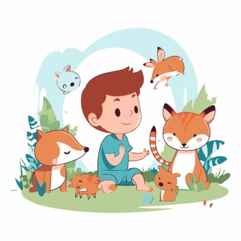 Cute little boy playing with wild animals. Vector cartoon illust