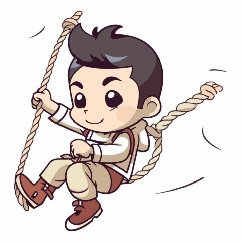 Boy swinging on rope isolated on white background. Vector cartoo