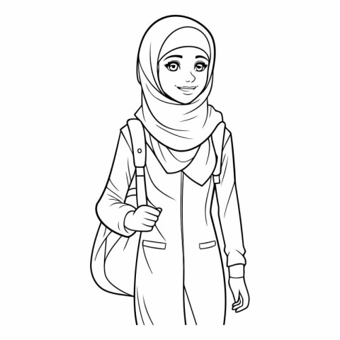 Arabic girl in traditional clothes with a backpack.