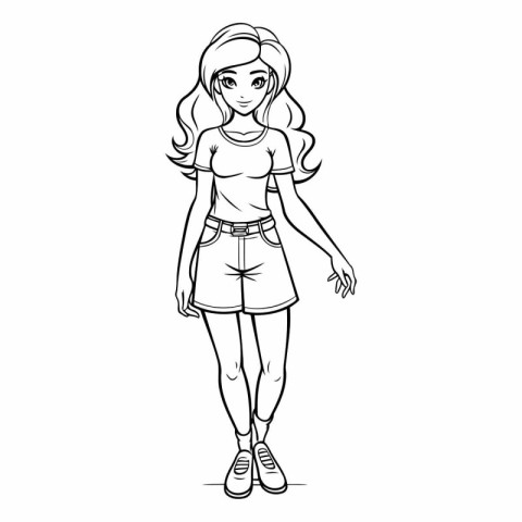 Beautiful young woman in casual clothes. Outline vector illustra