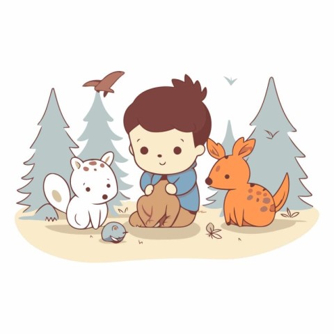 cute little boy with deer and cat in the forest vector illustrat