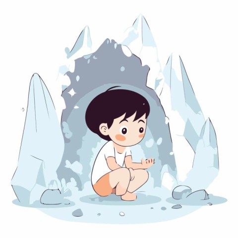 Cute little boy sitting on the rock in the glacier