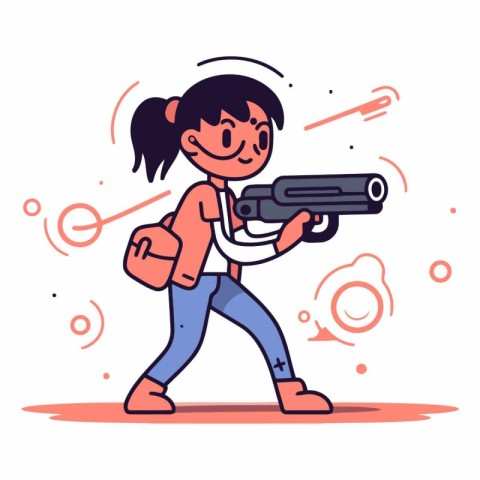 Vector illustration of a girl with a gun on a white background.