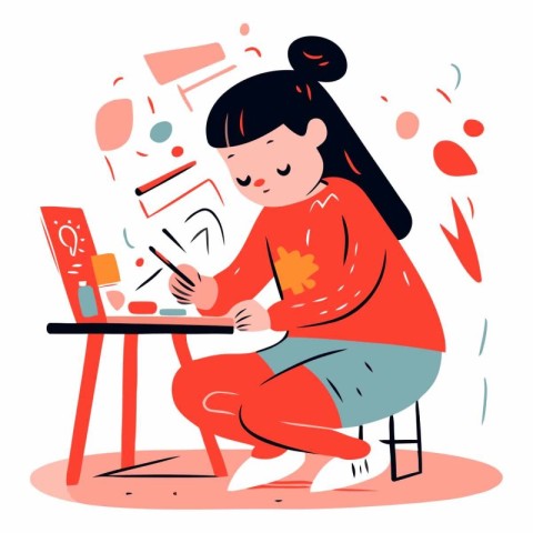 Cute girl drawing at home in flat style.