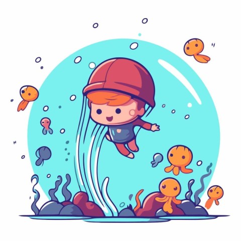 Cute little boy diving in the sea. vector cartoon illustration.