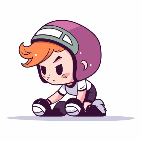 Cute little girl in a helmet sitting on the ground.