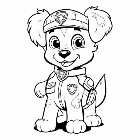 Cute puppy in police uniform. Coloring book for children.