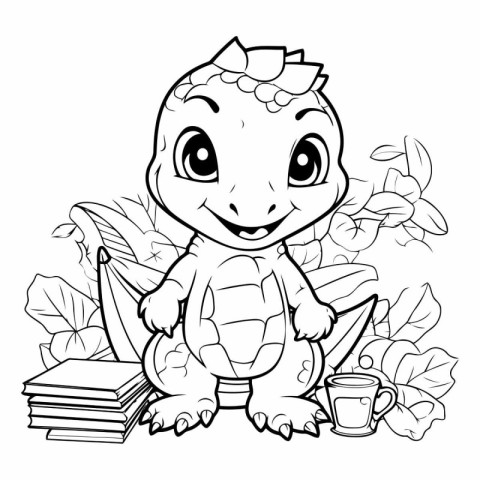 Coloring book for children: baby turtle sitting with books and t