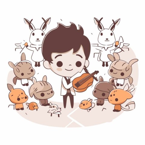 Boy playing the violin with a group of animals.