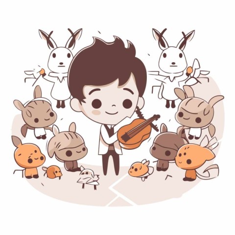 Boy playing the violin with a group of animals.