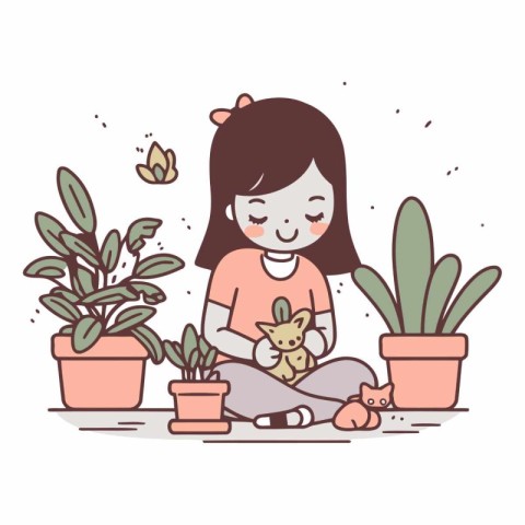 Girl playing with cat and houseplants. Vector flat illustration.