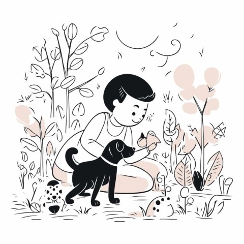 Vector illustration of a boy playing with a dog in the garden.