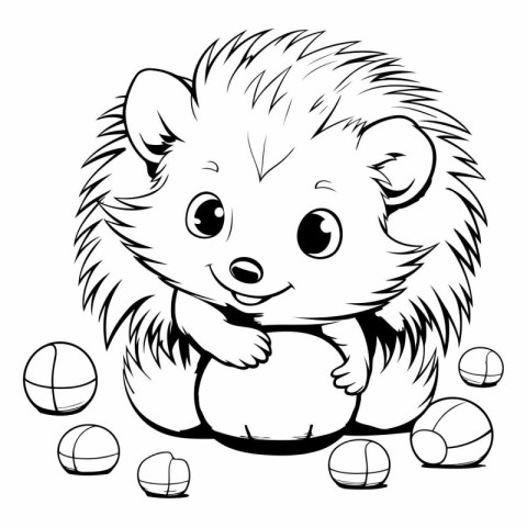 hedgehog with basketball ball - black and white vector illustrat