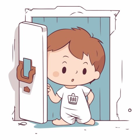 Illustration of a Cute Little Boy Coming Out of an Open Door