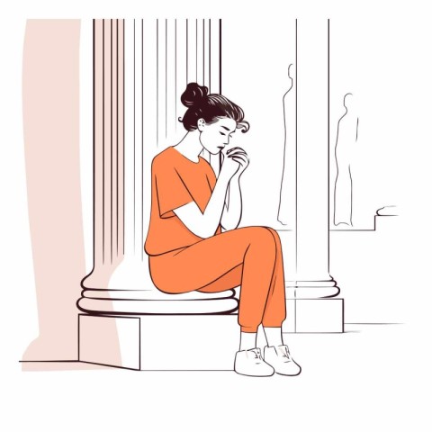 Sad woman sitting in front of antique columns in sketch style.