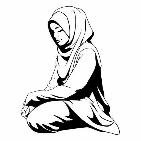 Muslim woman in hijab sitting on the floor. Black and white vect