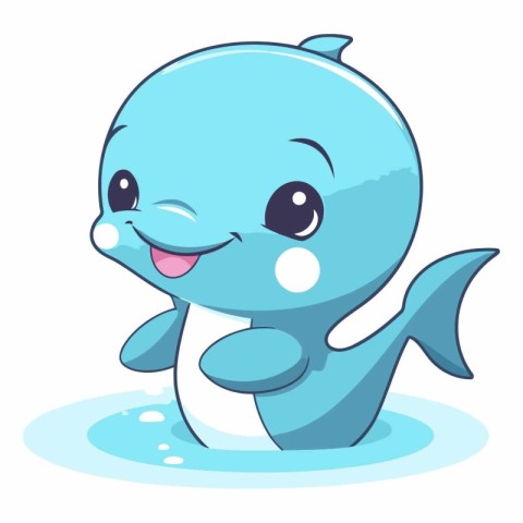 Cute cartoon blue whale swimming in the water.