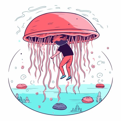 Vector illustration of a girl swimming in a jellyfish. Cartoon s