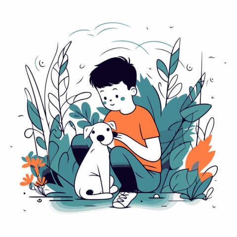 Vector illustration of a boy playing with a dog in the garden.