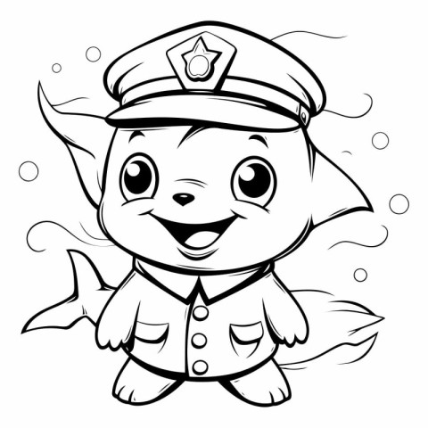 Black and White Cartoon Illustration of Cute Little Fish Captain