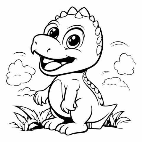 Vector illustration of Cute dinosaur sitting on the grass and sm