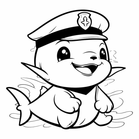 Black and White Cartoon Illustration of Cute Marine Policeman Ch